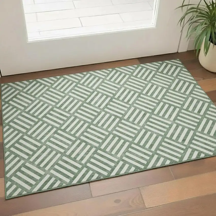 Green And Ivory Geometric Washable Area Rug With UV Protection Photo 1