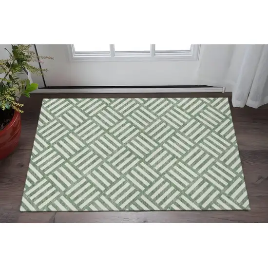 Green And Ivory Geometric Washable Area Rug With UV Protection Photo 2