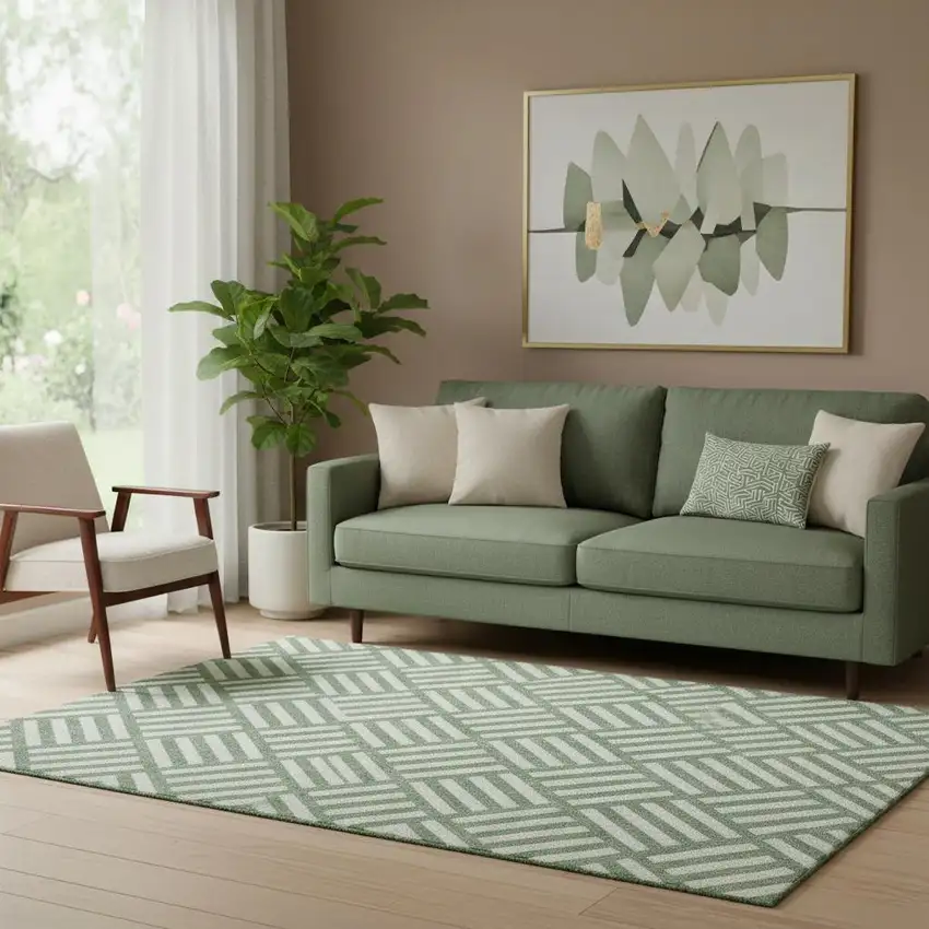 Green And Ivory Geometric Washable Area Rug With UV Protection Photo 1