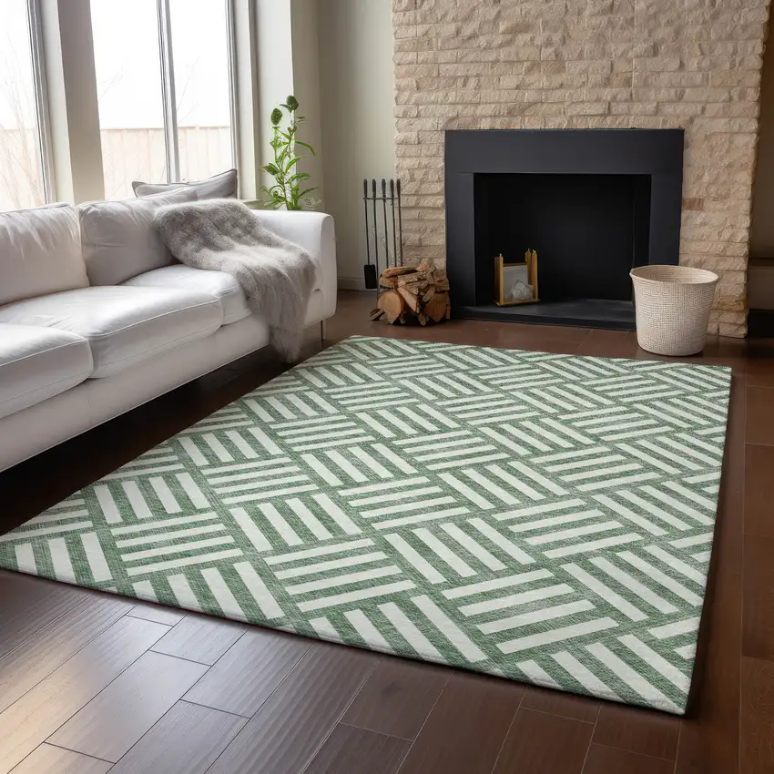 Green And Ivory Geometric Washable Area Rug With UV Protection Photo 4