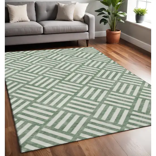 Green And Ivory Geometric Washable Area Rug With UV Protection Photo 2