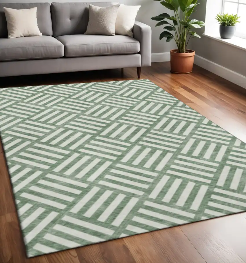 Green And Ivory Geometric Washable Area Rug With UV Protection Photo 2