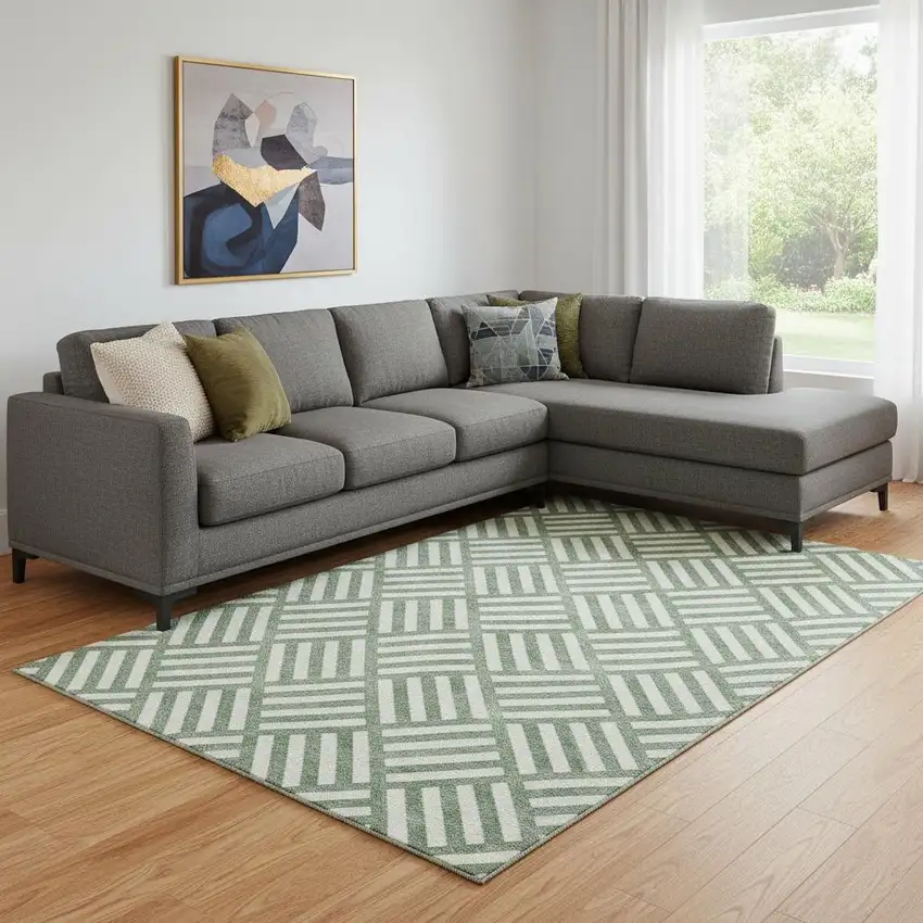 Green And Ivory Geometric Washable Area Rug With UV Protection Photo 1