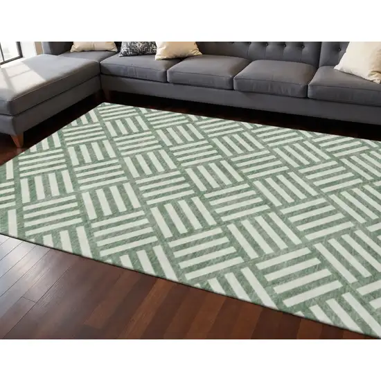 Green And Ivory Geometric Washable Area Rug With UV Protection Photo 2