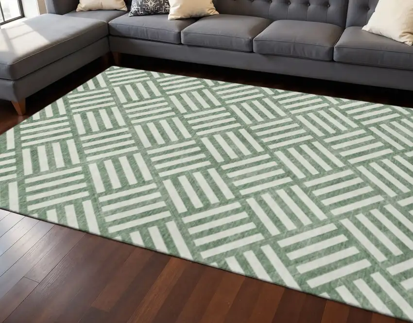Green And Ivory Geometric Washable Area Rug With UV Protection Photo 2