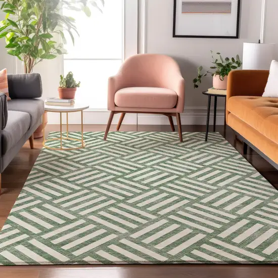 Green And Ivory Geometric Washable Area Rug With UV Protection Photo 4
