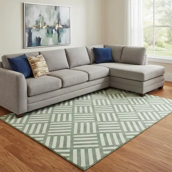 Green And Ivory Geometric Washable Area Rug With UV Protection Photo 1
