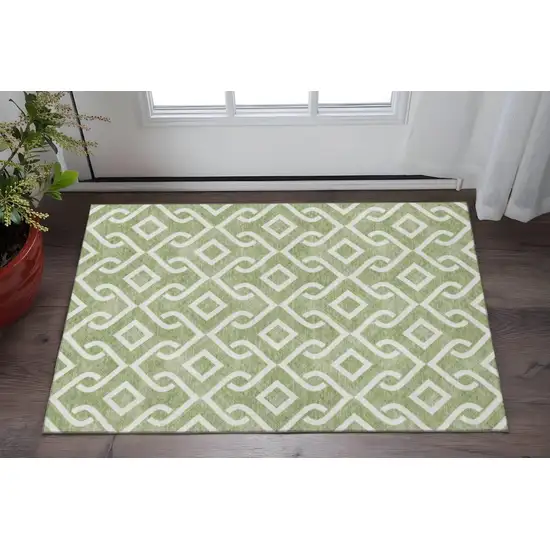 Green And Ivory Geometric Washable Area Rug With UV Protection Photo 2