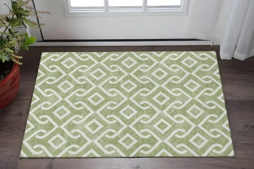 Green And Ivory Geometric Washable Area Rug With UV Protection Photo 2