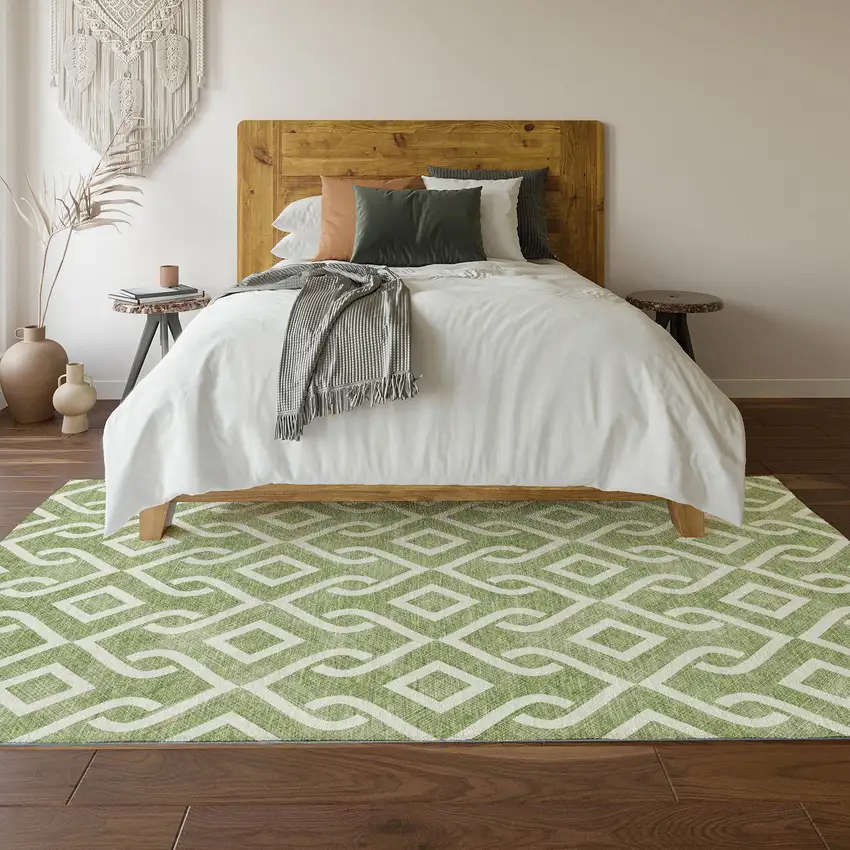 Green And Ivory Geometric Washable Area Rug With UV Protection Photo 4