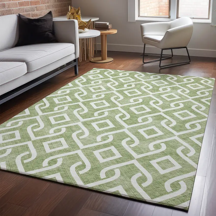 Green And Ivory Geometric Washable Area Rug With UV Protection Photo 3