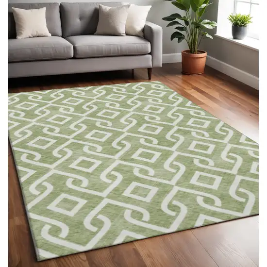Green And Ivory Geometric Washable Area Rug With UV Protection Photo 2
