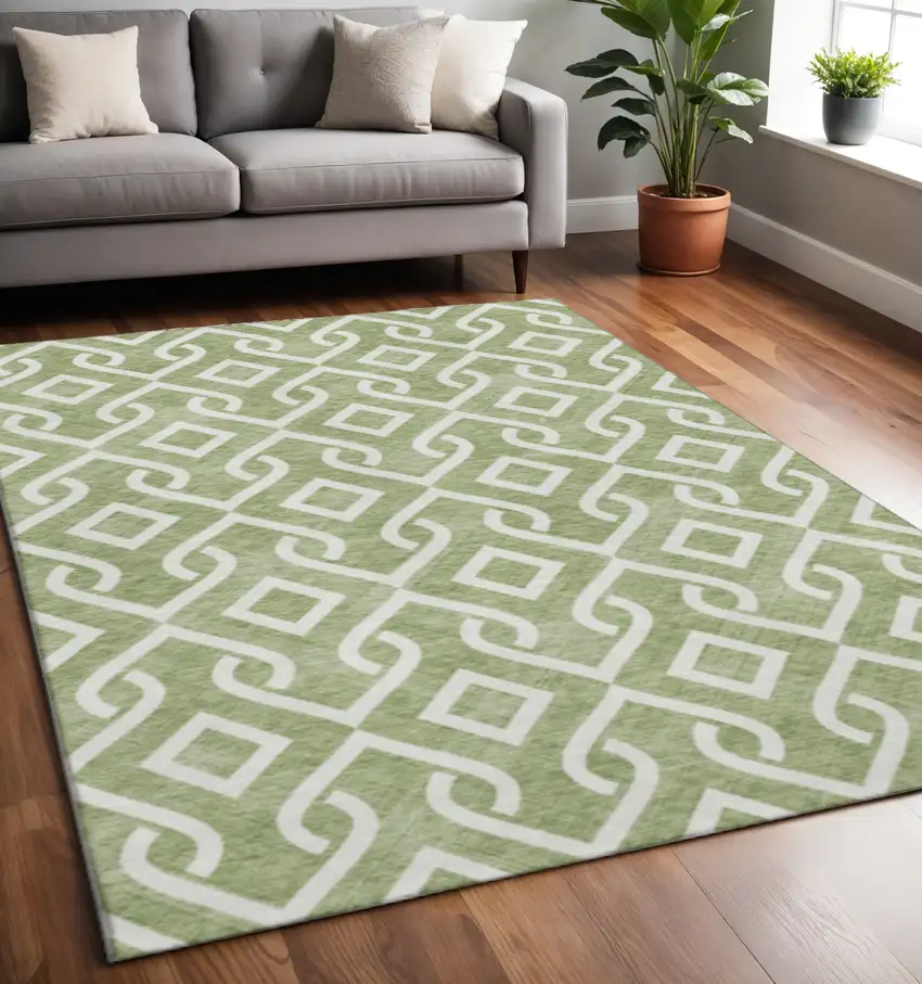 Green And Ivory Geometric Washable Area Rug With UV Protection Photo 2