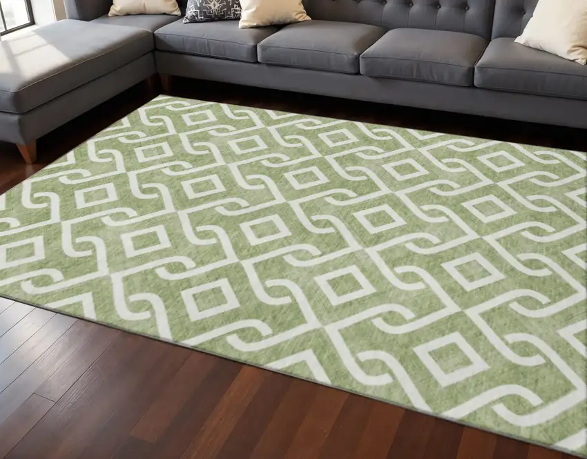Green And Ivory Geometric Washable Area Rug With UV Protection Photo 2
