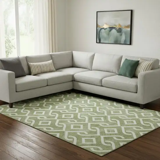 Green And Ivory Geometric Washable Area Rug With UV Protection Photo 1