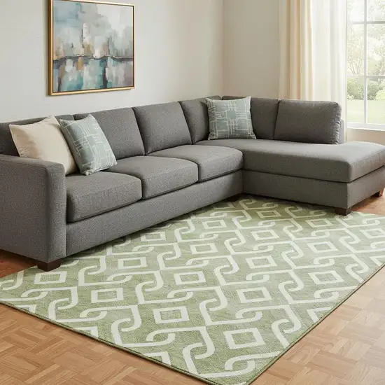 Green And Ivory Geometric Washable Area Rug With UV Protection Photo 3