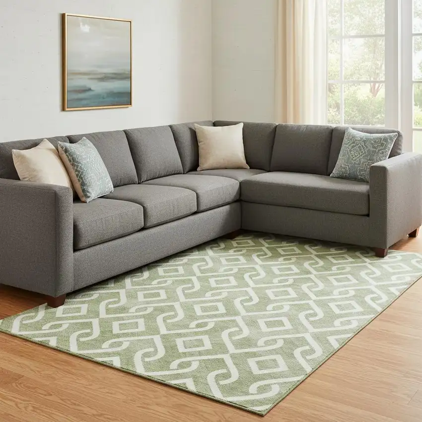 Green And Ivory Geometric Washable Area Rug With UV Protection Photo 1