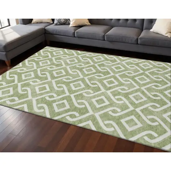 Green And Ivory Geometric Washable Area Rug With UV Protection Photo 2