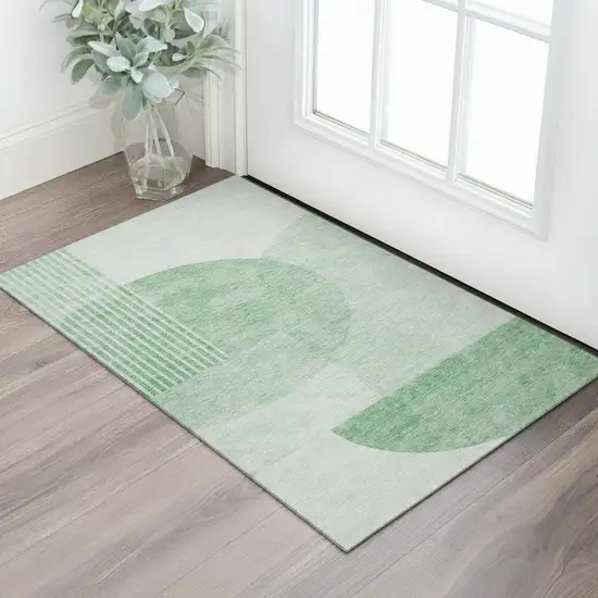 Green And Ivory Geometric Washable Area Rug With UV Protection Photo 1