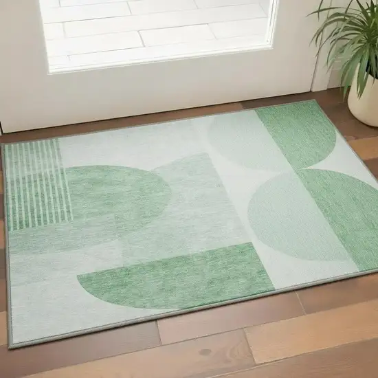 Green And Ivory Geometric Washable Area Rug With UV Protection Photo 2
