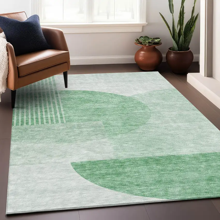 Green And Ivory Geometric Washable Area Rug With UV Protection Photo 5