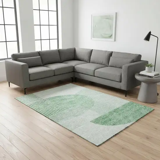 Green And Ivory Geometric Washable Area Rug With UV Protection Photo 1