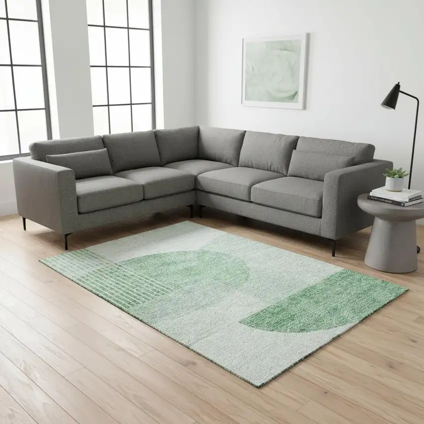 Green And Ivory Geometric Washable Area Rug With UV Protection Photo 1