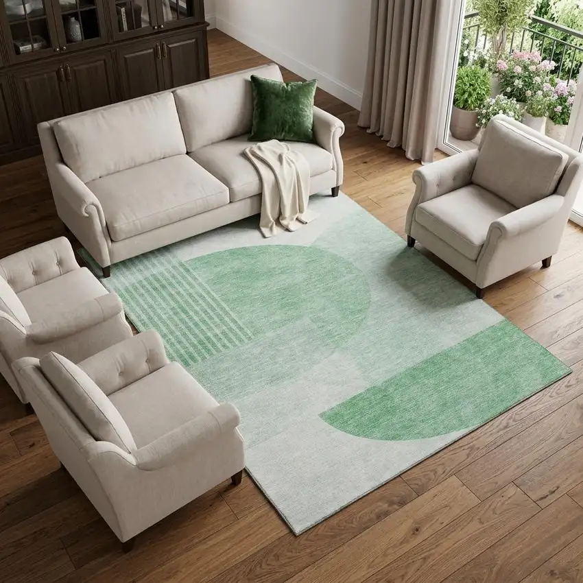 Green And Ivory Geometric Washable Area Rug With UV Protection Photo 1