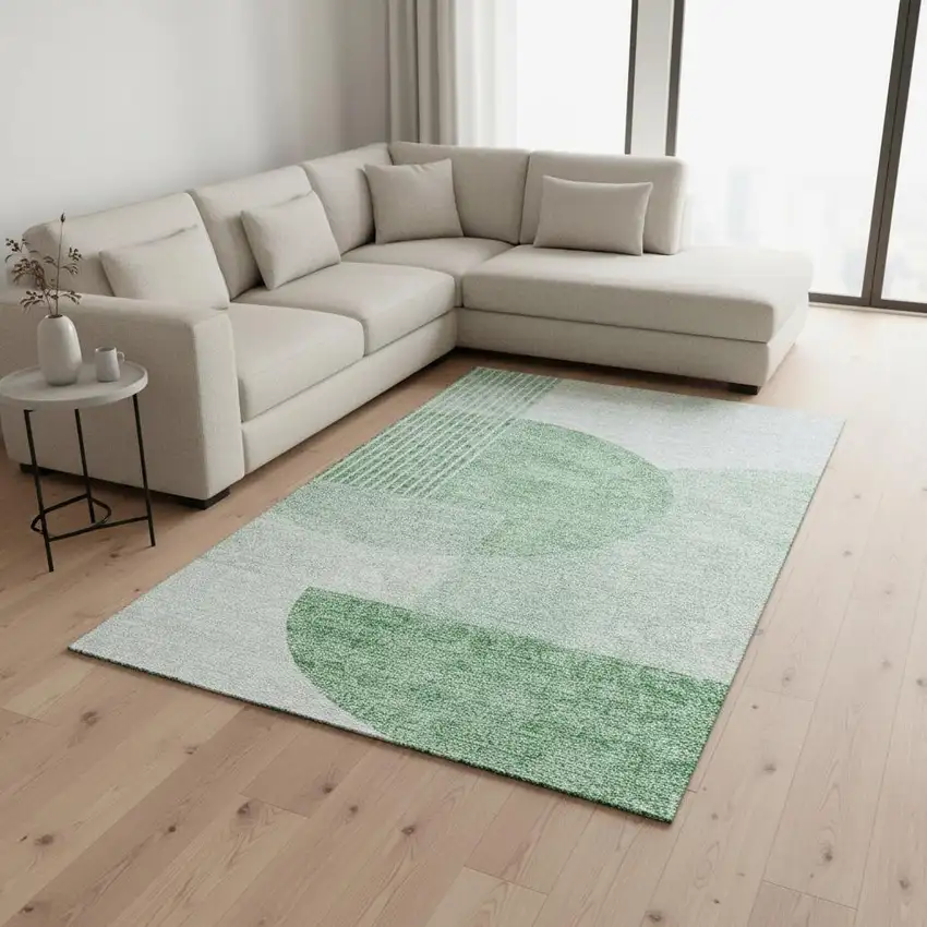Green And Ivory Geometric Washable Area Rug With UV Protection Photo 3