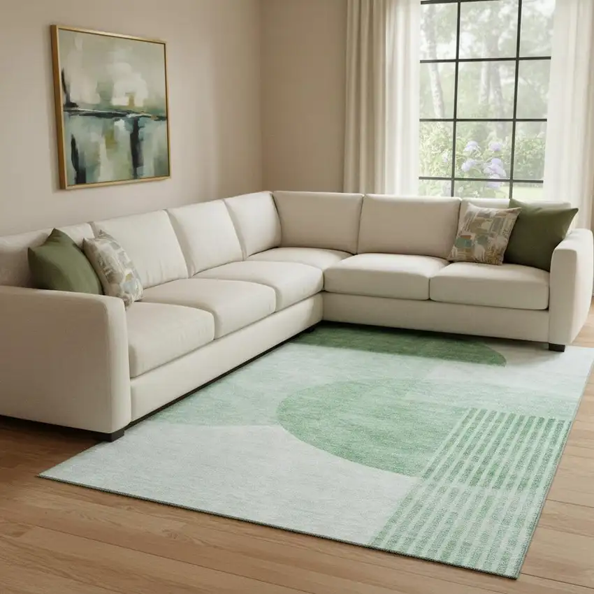 Green And Ivory Geometric Washable Area Rug With UV Protection Photo 1