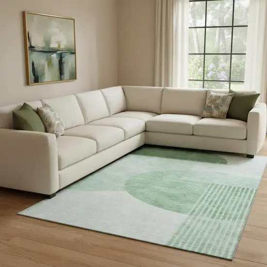 Green And Ivory Geometric Washable Area Rug With UV Protection Photo 1