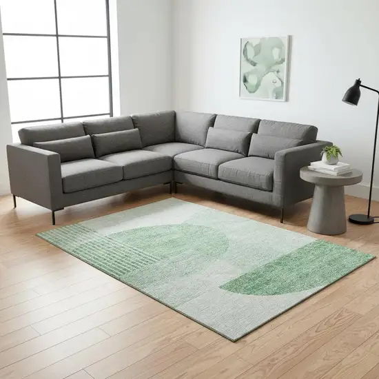 Green And Ivory Geometric Washable Area Rug With UV Protection Photo 3