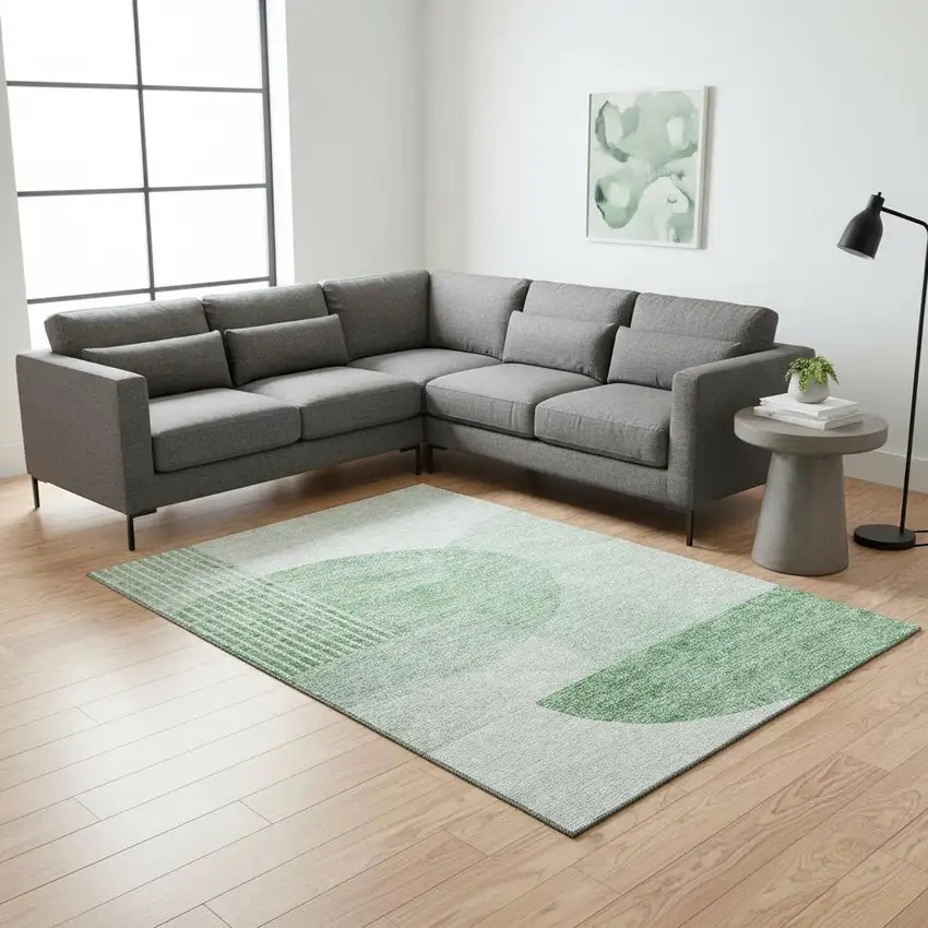 Green And Ivory Geometric Washable Area Rug With UV Protection Photo 3