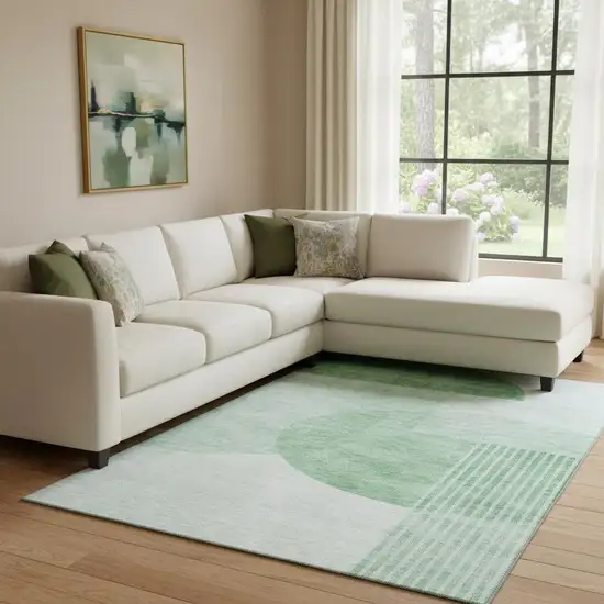 Green And Ivory Geometric Washable Area Rug With UV Protection Photo 1