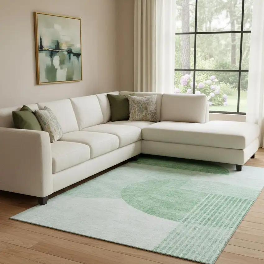 Green And Ivory Geometric Washable Area Rug With UV Protection Photo 1