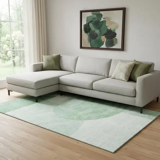 Green And Ivory Geometric Washable Area Rug With UV Protection Photo 1