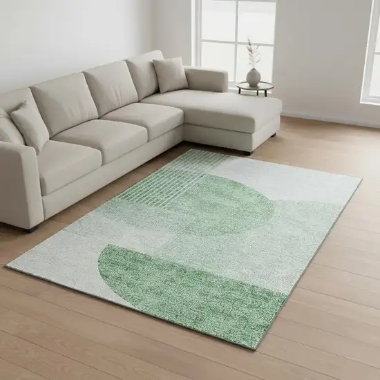 Green And Ivory Geometric Washable Area Rug With UV Protection Photo 3