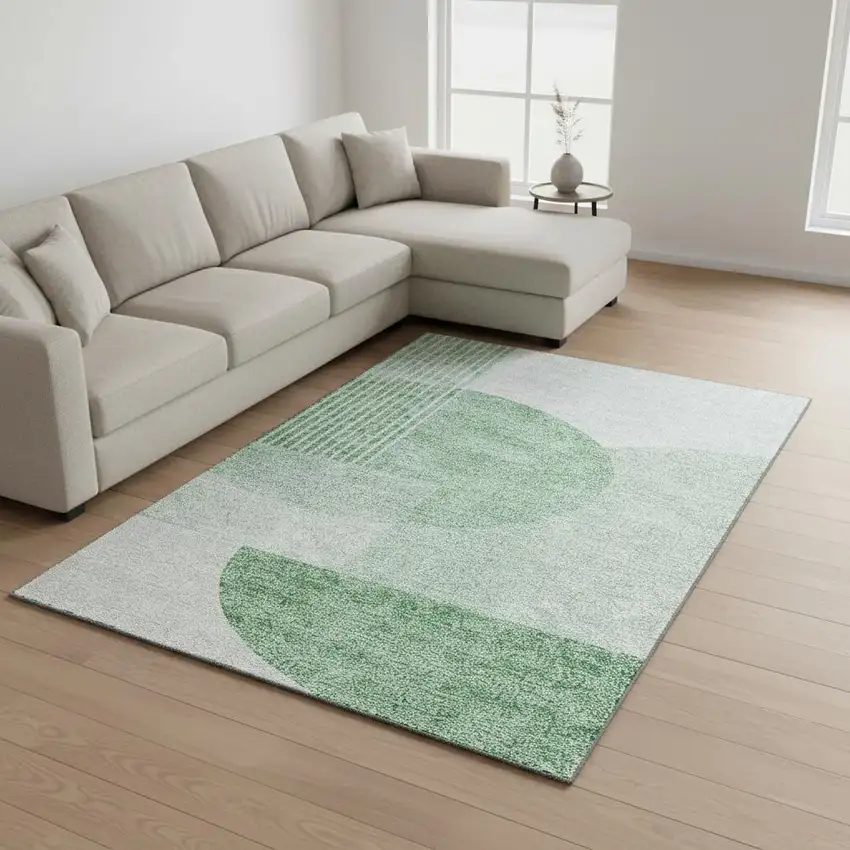 Green And Ivory Geometric Washable Area Rug With UV Protection Photo 3
