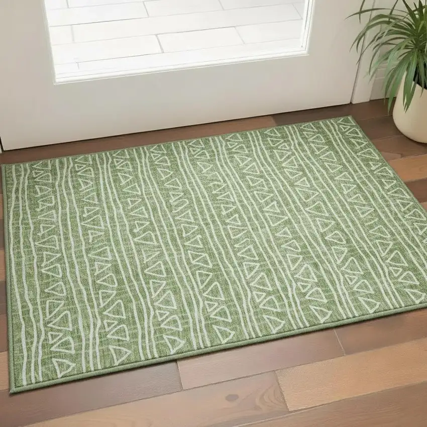 Green And Ivory Geometric Washable Area Rug With UV Protection Photo 2