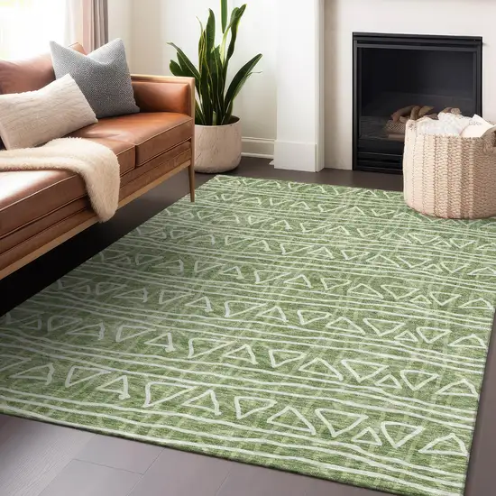 Green And Ivory Geometric Washable Area Rug With UV Protection Photo 6
