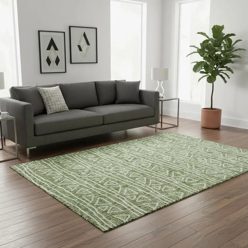 Green And Ivory Geometric Washable Area Rug With UV Protection Photo 2