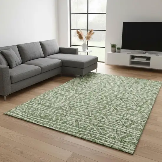 Green And Ivory Geometric Washable Area Rug With UV Protection Photo 2
