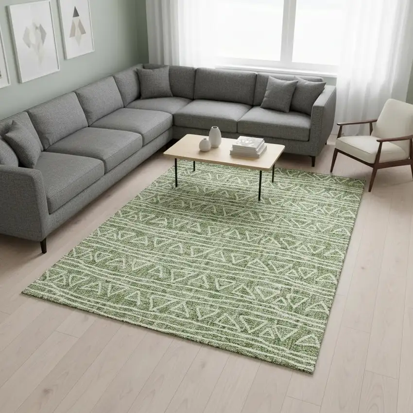 Green And Ivory Geometric Washable Area Rug With UV Protection Photo 2