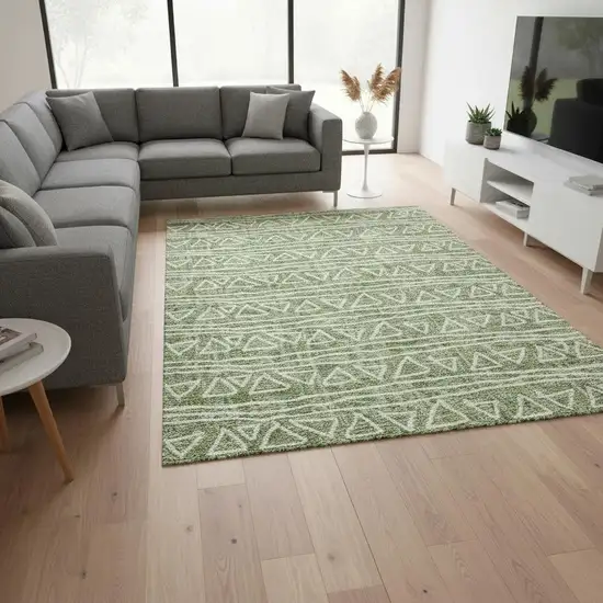 Green And Ivory Geometric Washable Area Rug With UV Protection Photo 2