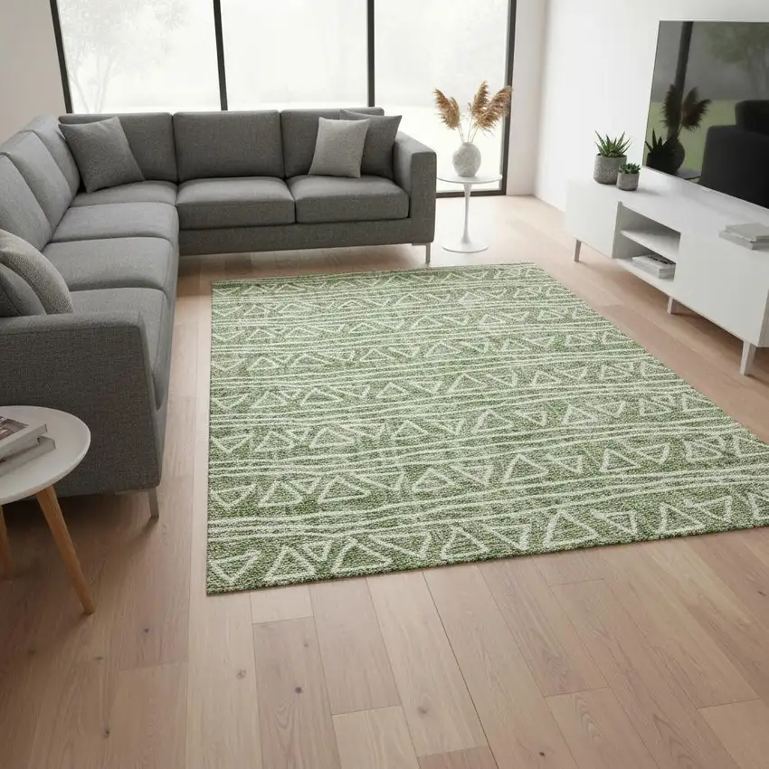 Green And Ivory Geometric Washable Area Rug With UV Protection Photo 2