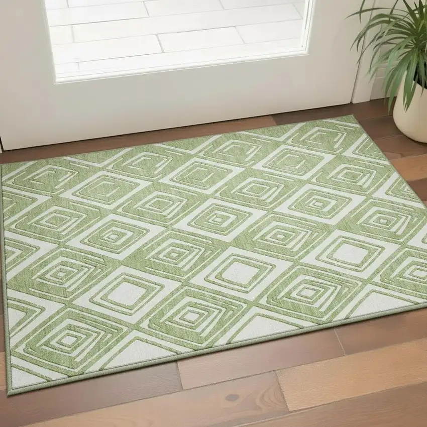 Green And Ivory Geometric Washable Area Rug With UV Protection Photo 2