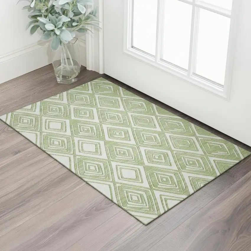 Green And Ivory Geometric Washable Area Rug With UV Protection Photo 1