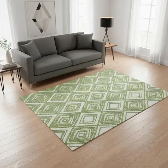 Green And Ivory Geometric Washable Area Rug With UV Protection Photo 2