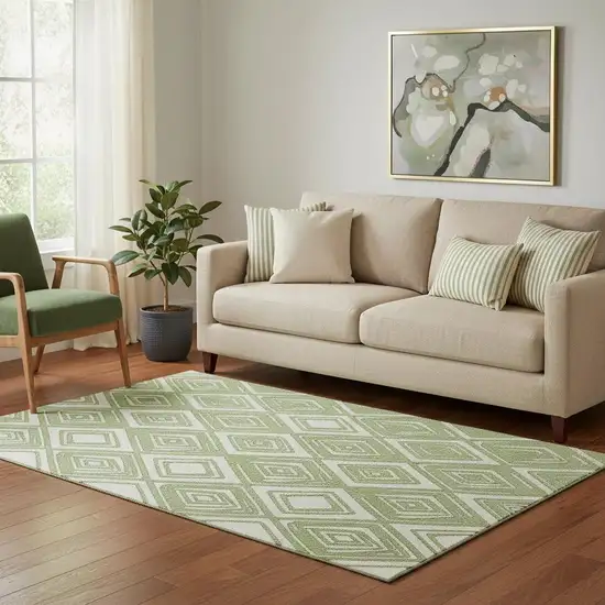 Green And Ivory Geometric Washable Area Rug With UV Protection Photo 2