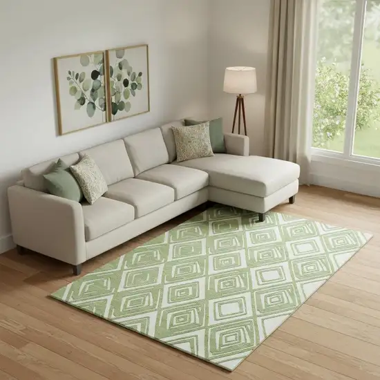 Green And Ivory Geometric Washable Area Rug With UV Protection Photo 1